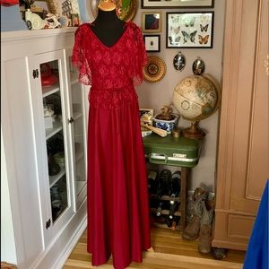 Romantic 70’s Prom Ball Gown with Maroon Red Lace Wing Sleeves & Bows